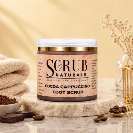 Cocoa cappuccino foot scrub for exfoliating dry cracked feet and smooth skin texture