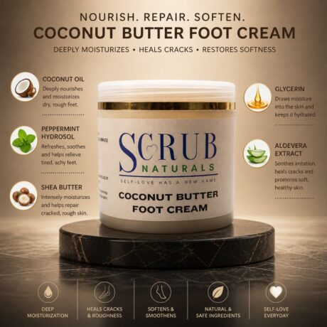 Hydrating coconut butter foot cream with peppermint oil for soft smooth feet and cracked heel care